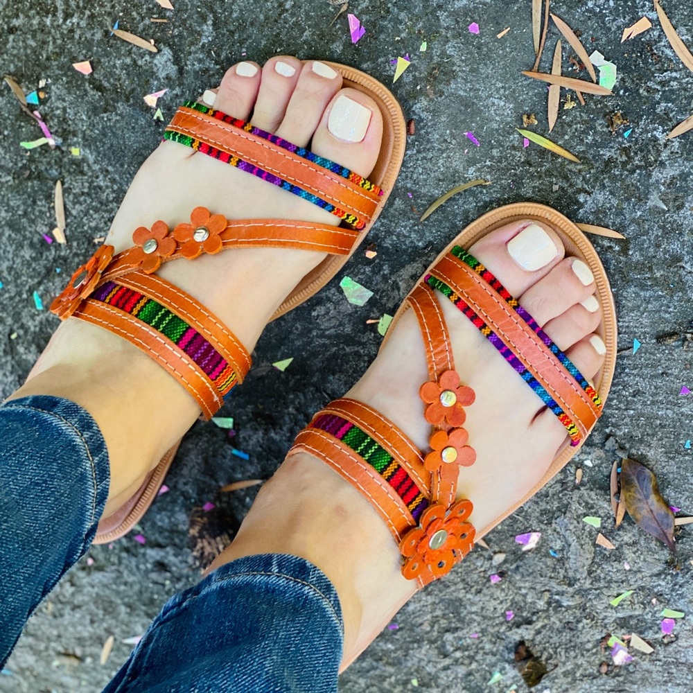 Handmade Leather Sandals Flat Ethnic Fabric Detail Artisan Boho NEW